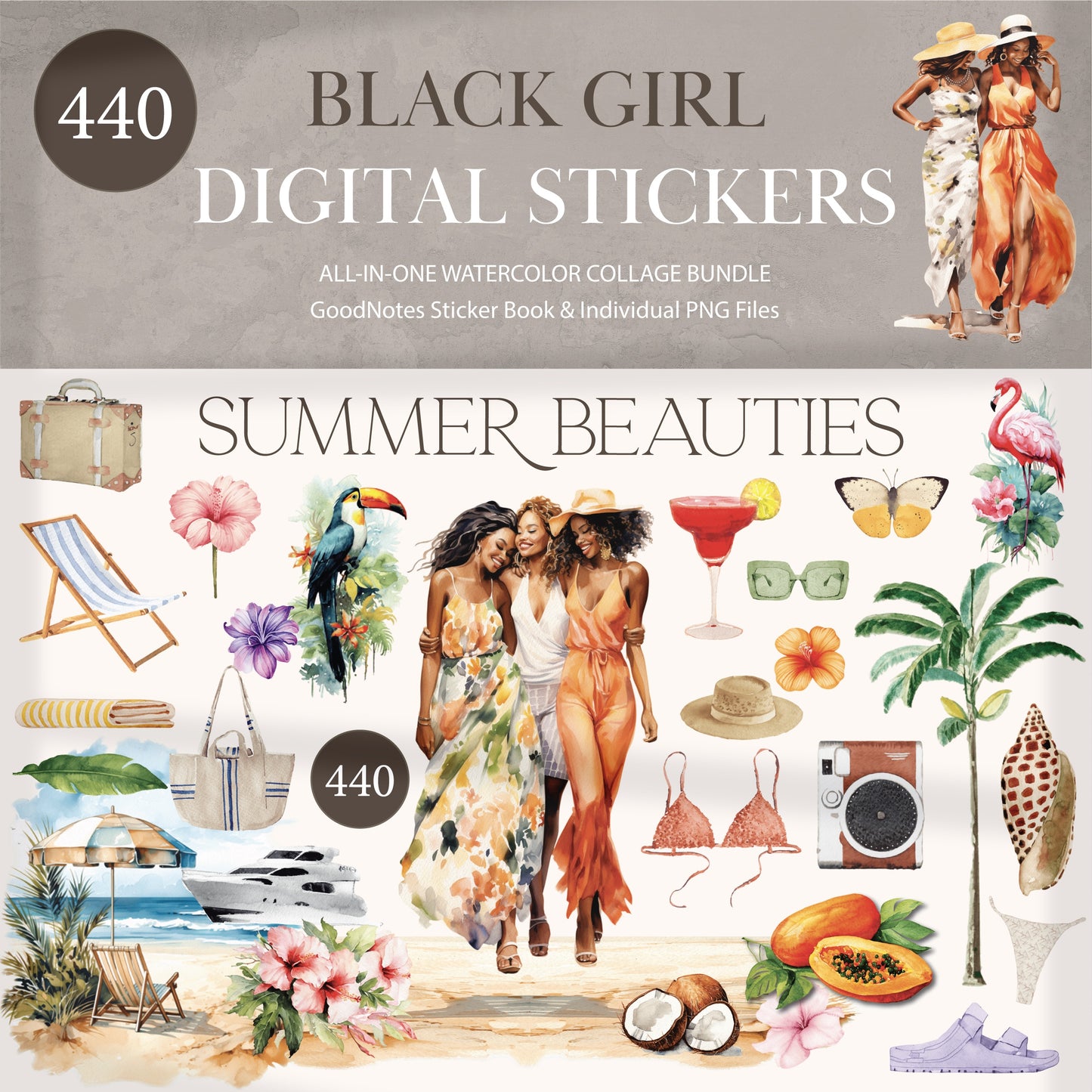 BLACK GIRL Digital Stickers - Summer Beauties Collection | GoodNotes Stickers | 440 Digital Planner Watercolor Stickers