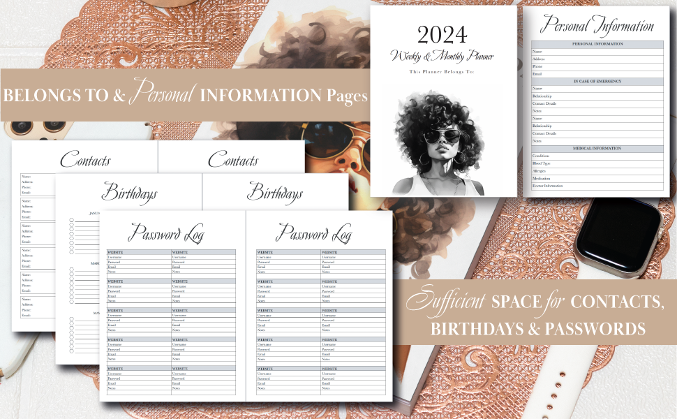 2024 Black Girl Planner with Monthly Guided Reflection Sheets 8.5" x 11"