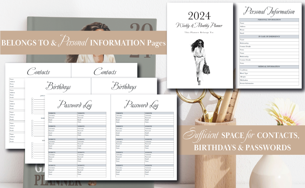 2024 Black Girl Planner with Monthly Check-in & Reflection Sheet 8.5" x 11"