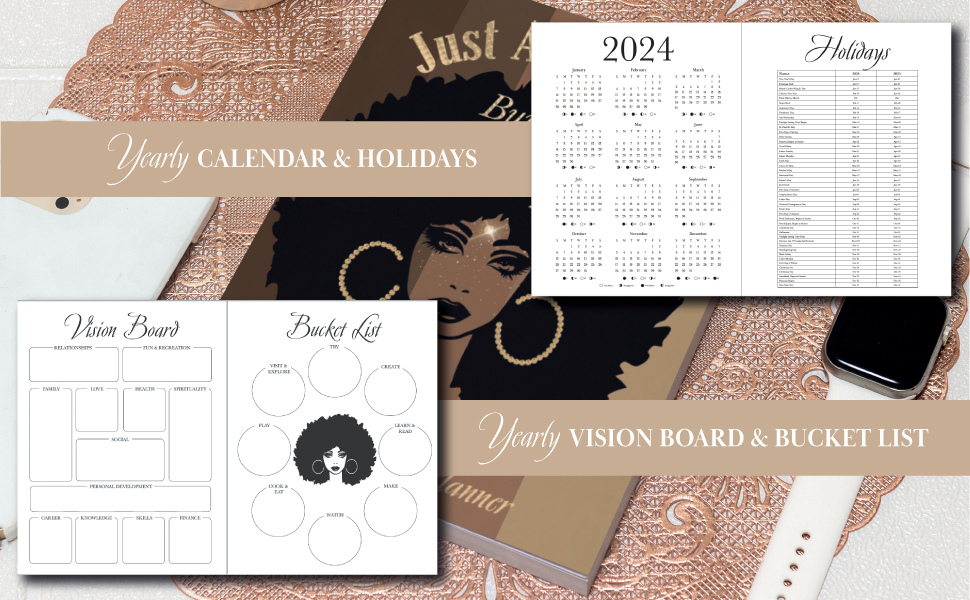 2024 Black Girl Planner with Monthly Mood & Habit Tracker 8.5" x 11"