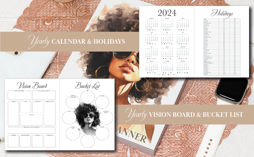 2024 Black Girl Planner with Monthly Guided Reflection Sheets 8.5" x 11"