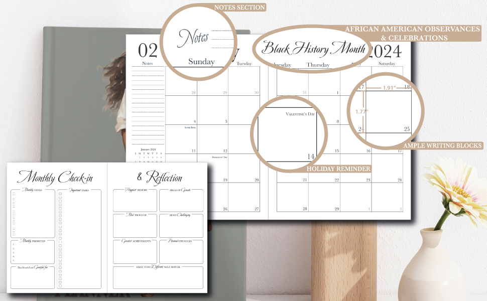 2024 Black Girl Planner with Monthly Check-in & Reflection Sheet 8.5" x 11"