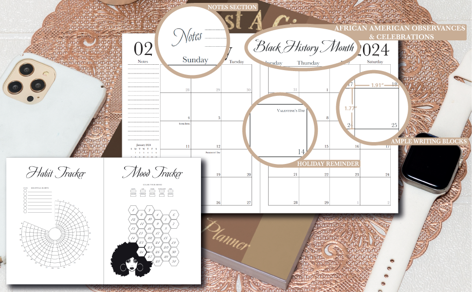 2024 Black Girl Planner with Monthly Mood & Habit Tracker 8.5" x 11"