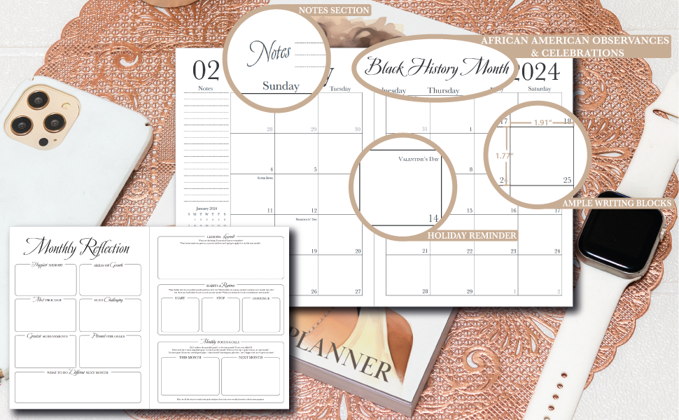 2024 Black Girl Planner with Monthly Guided Reflection Sheets 8.5" x 11"