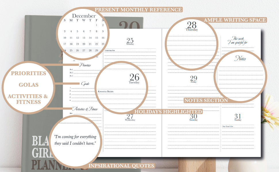 2024 Black Girl Planner with Monthly Check-in & Reflection Sheet 8.5" x 11"