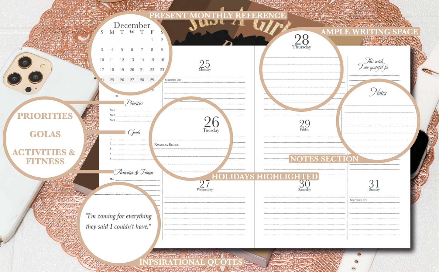 2024 Black Girl Planner with Monthly Mood & Habit Tracker 8.5" x 11"