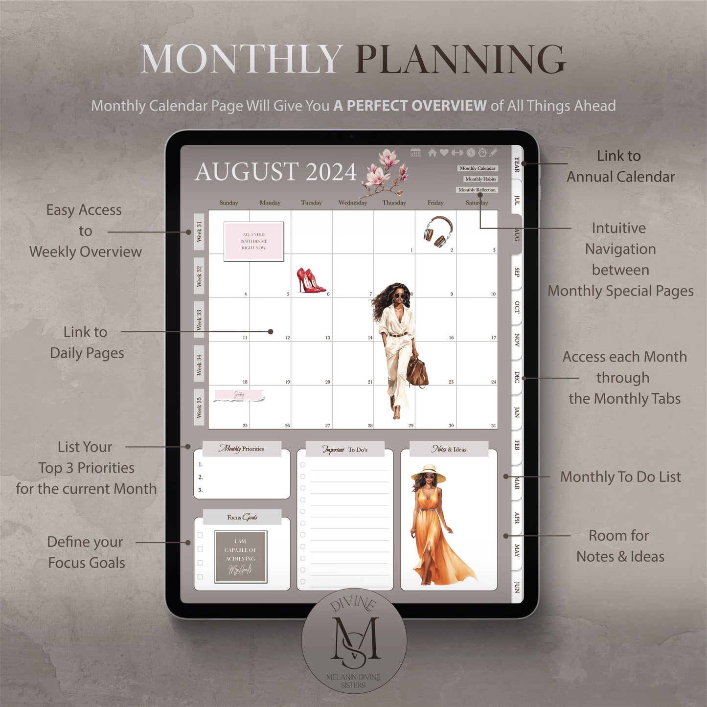 2024 - 2025 Mid-Year Digital Black Girl Planner with Apple/Google Calendar Integration