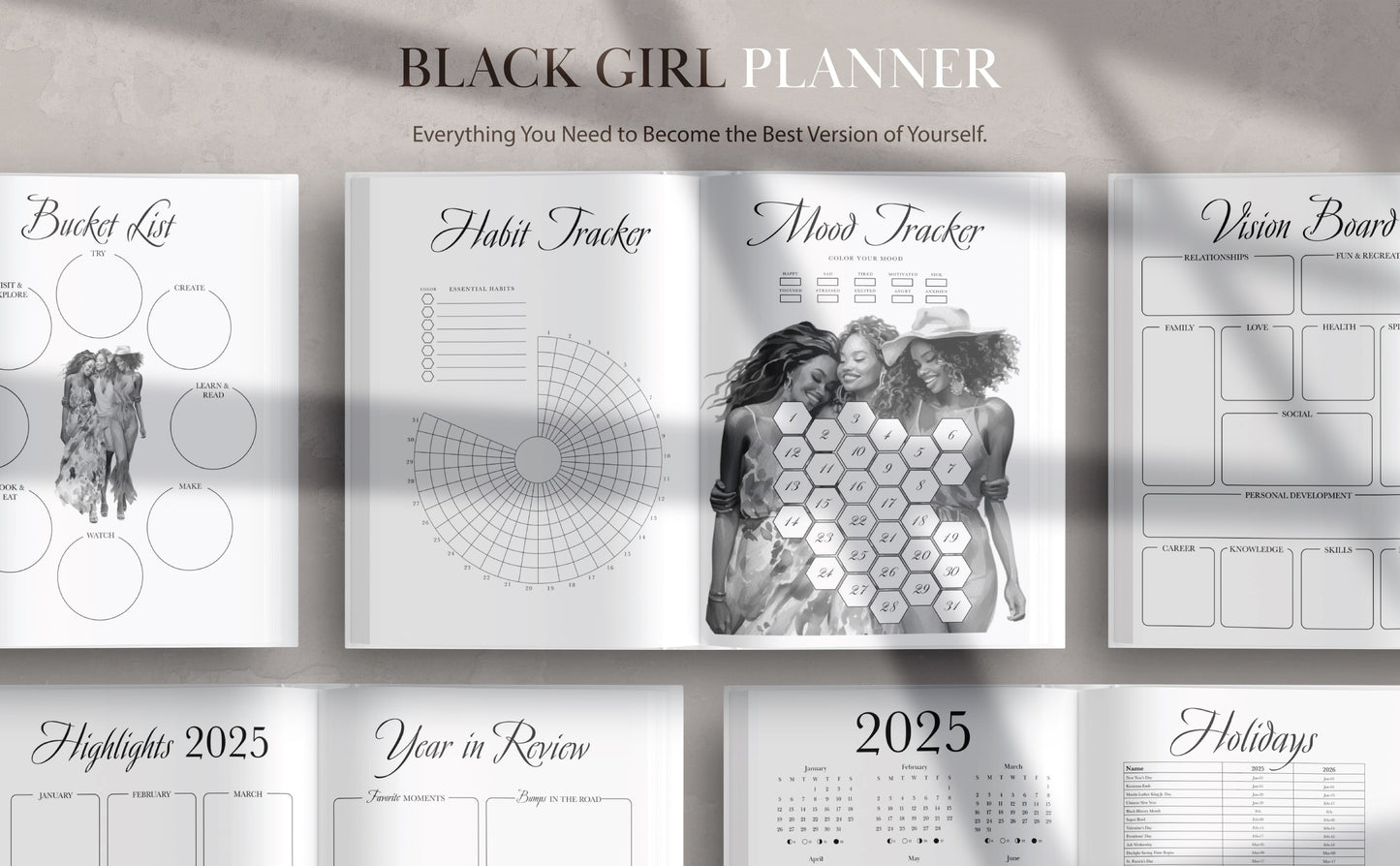 2025-2029 Monthly Black Girl Planner - January 2025 to December 2029 (60 Months) with Monthly Mood & Habit Tracker, US Holidays & Observances