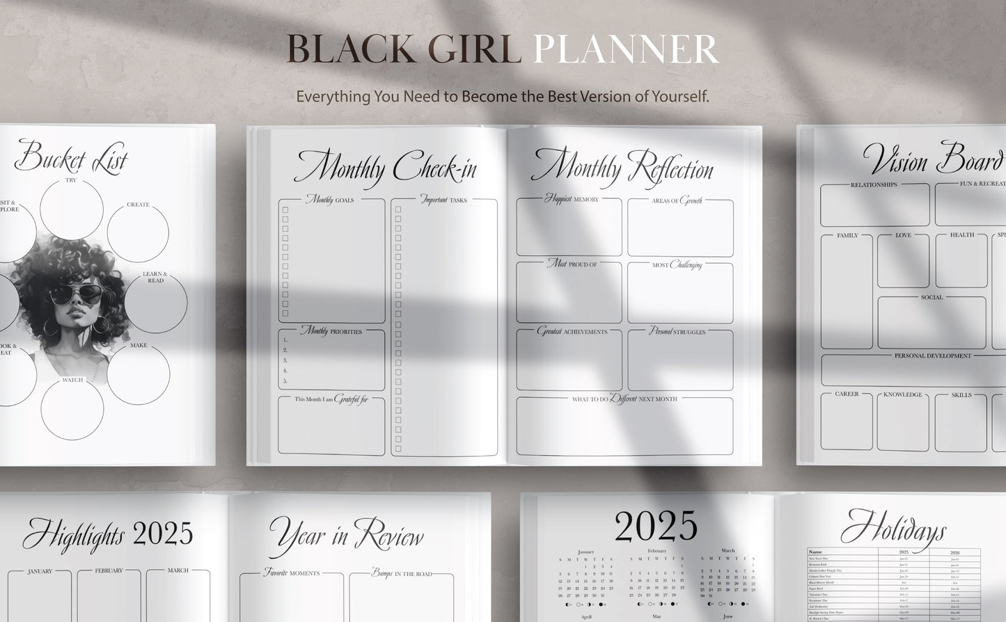 2025-2029 Monthly Black Girl Planner - January 2025 to December 2029 (60 Months) with Monthly Check-in & Reflection Sheets