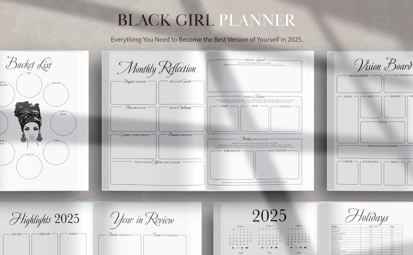 2025-2026 Monthly Black Girl Planner January 2025 to December 2026 (24 Months) with Monthly Check-in & Reflection Sheets