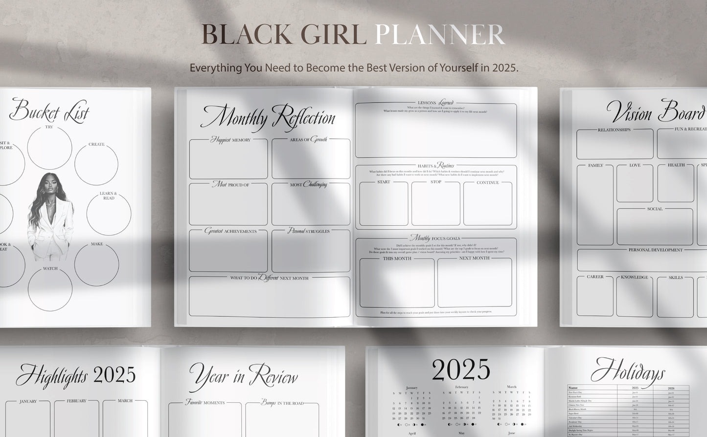 2025 Black Girl Planner Just A Girl Boss Building Her Empire with Guided Monthly Reflection Sheets, US Holidays & Inspirational Quotes