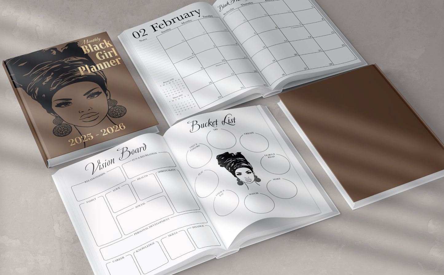 2025-2026 Monthly Black Girl Planner with Guided Monthly Reflection Sheets, US Holidays & Inspirational Quotes